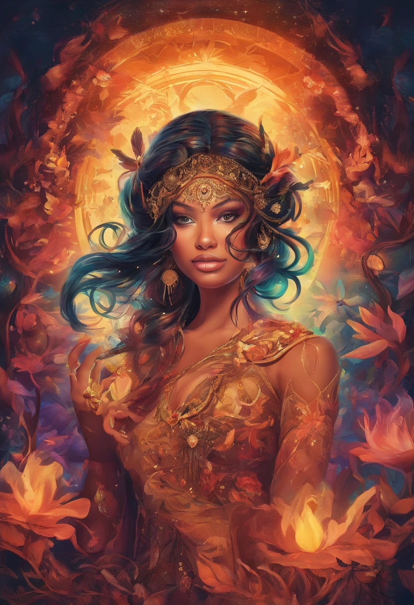 ((best quality)) , ((master part)) , (circunstanciado) ,Magic illustration,desgaste do quarto, (Beleza esportiva americana cercada por Candace:1.3), Black apocalyptic hair, Maquiagem sonhadora, Pintura facial de Halloween, Fitbit, durante a noite, (Renascimento:1.2), Obturador baixo, three colors, 8K resolution