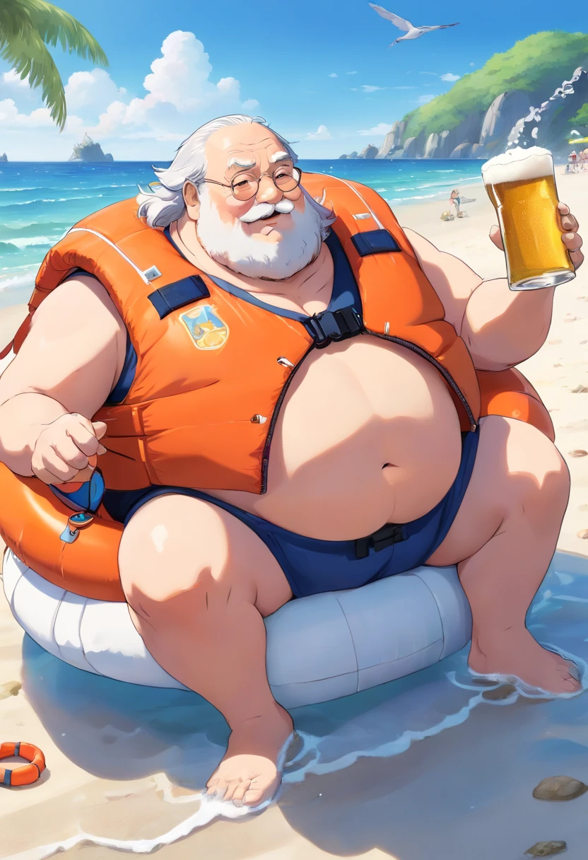 A fat grandfather swimming using a life jacket, bare chested, on the beach, and enjoying a cup of beer, his face flushed, chubby, fatty, full body, old man brown skin, detail on body, red , red cheeks ,