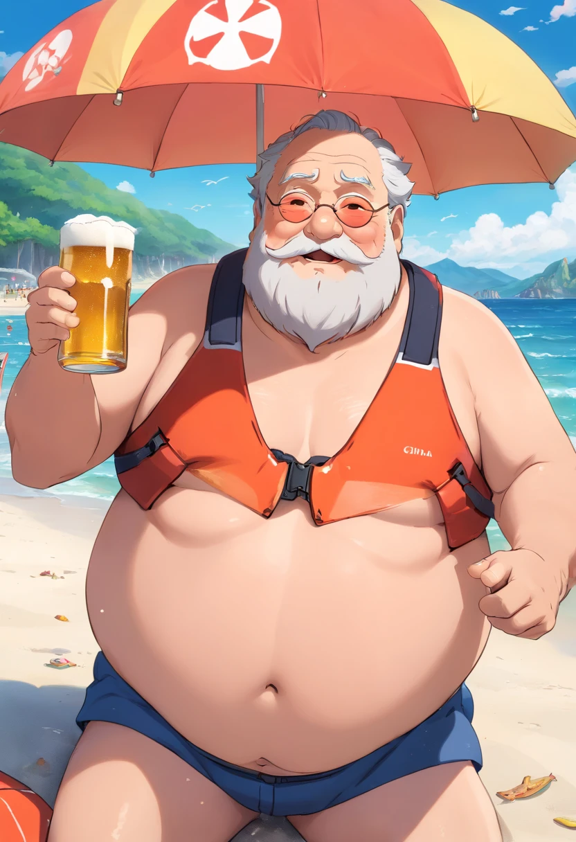 A fat grandfather swimming using a life jacket, bare chested, on the beach, and enjoying a cup of beer, his face flushed, chubby, fatty, full body, old man brown skin, detail on body, red , red cheeks ,