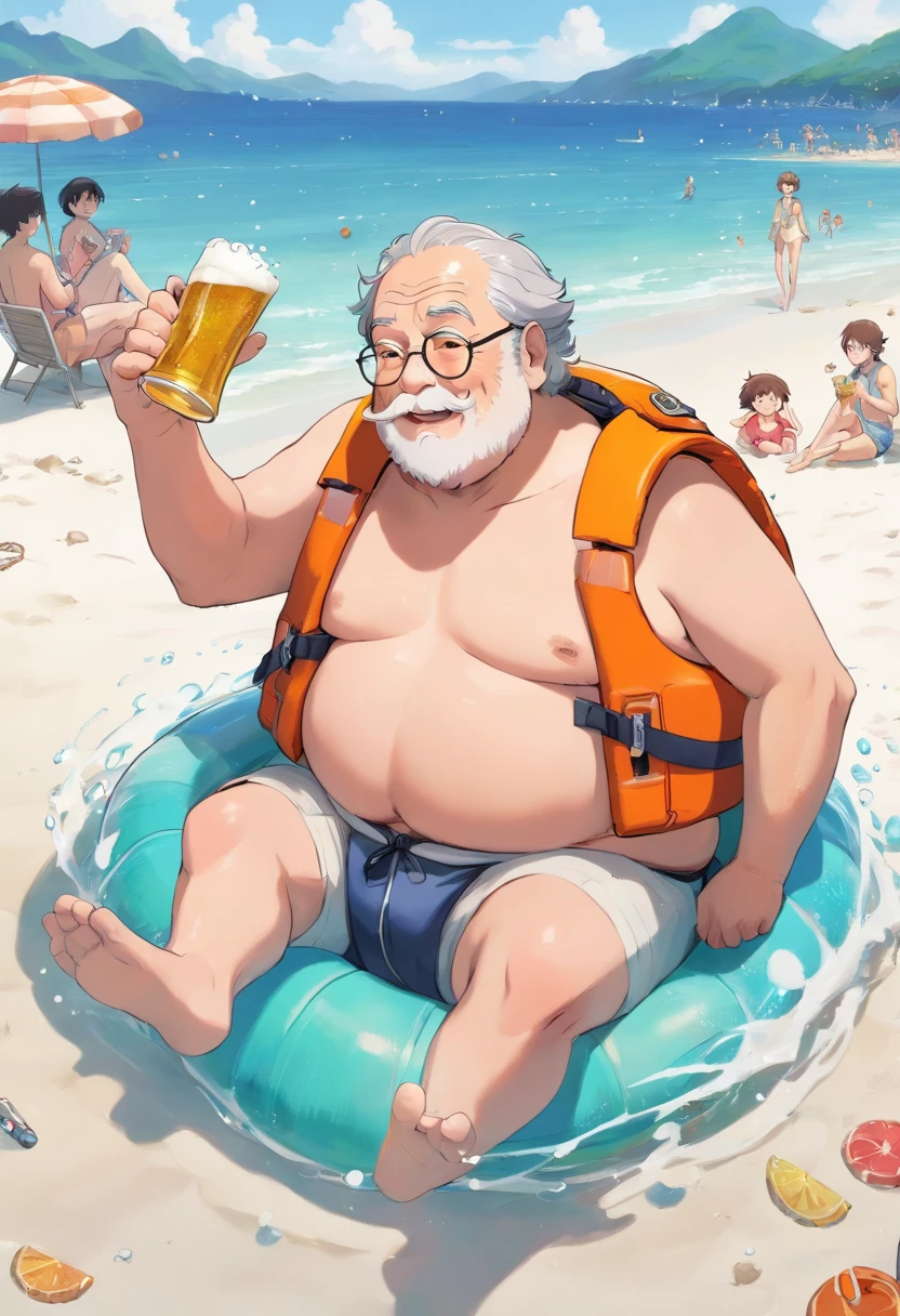 A fat grandfather swimming using a life jacket, bare chested, on the beach, and enjoying a cup of beer, his face flushed, chubby, fatty, full body, old man brown skin, detail on body, red , red cheeks ,