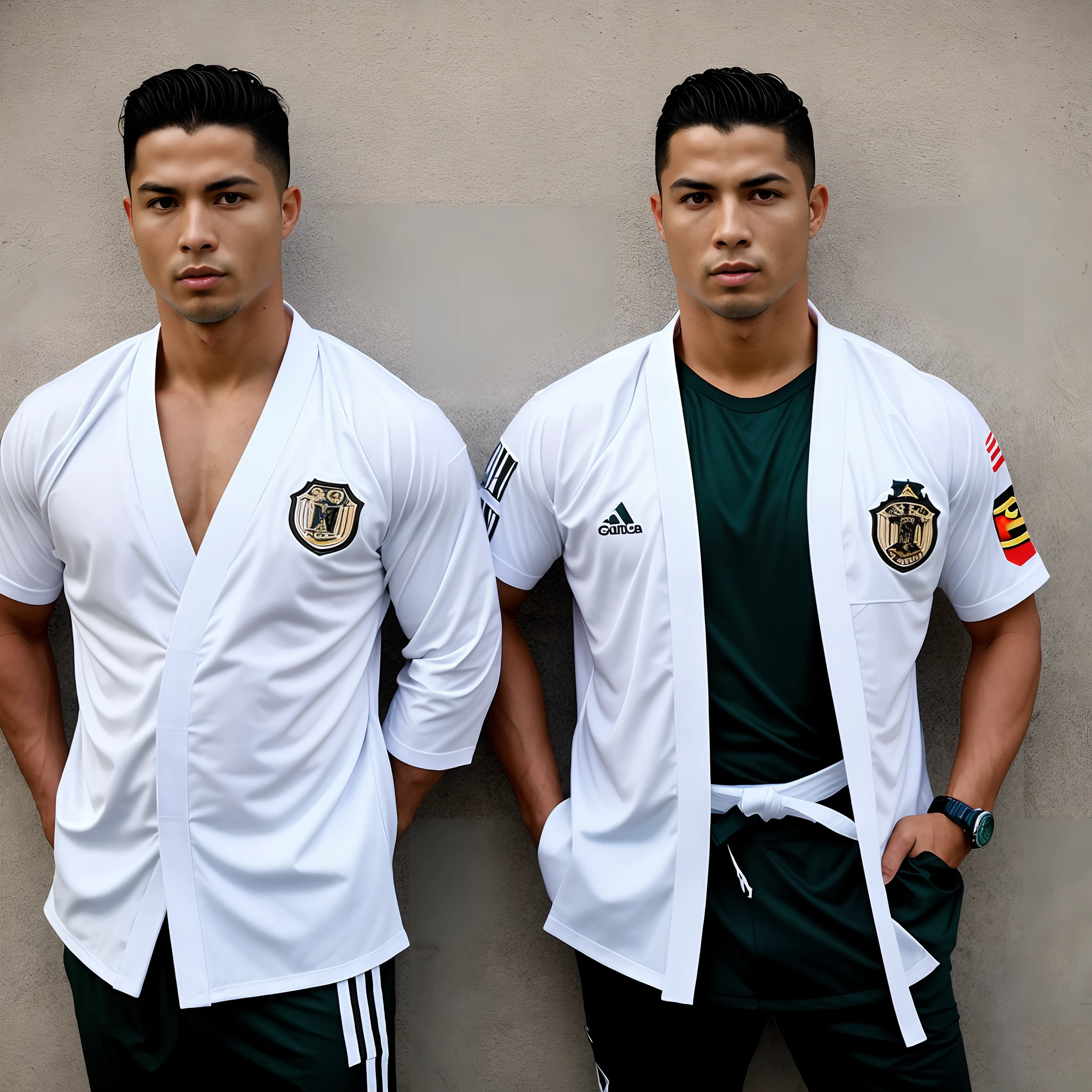 Homem arafed em um terno de girafa branca posando para uma foto, vestindo um gi branco, Veterano americano GI, faixa branca, daniel mirante, Cristiano Orrillo, karate outfit, armadura de cor branca fosca, Estilo Mohamed Chahin, Giga Chade Capaybara, Estilo Kim Jung Gi, uniforme branco, energetic varia suit, Kimura, Ronaldo Nazario