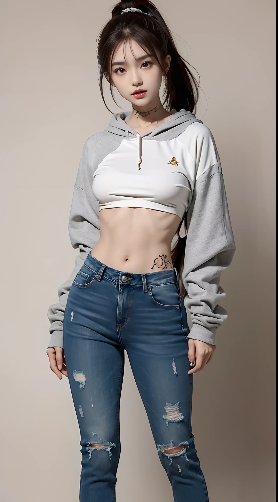 Masterpiece, Best quality, 1girll，stand posture，anatomy correct，Hoodie，skintight jeans，Tattooed with，Long ponytail hair，Accurate and delicate face，Accurate and perfect legs，Slender and slender figure，Skinny，Skinny，Smaller bust，athletic sneakers