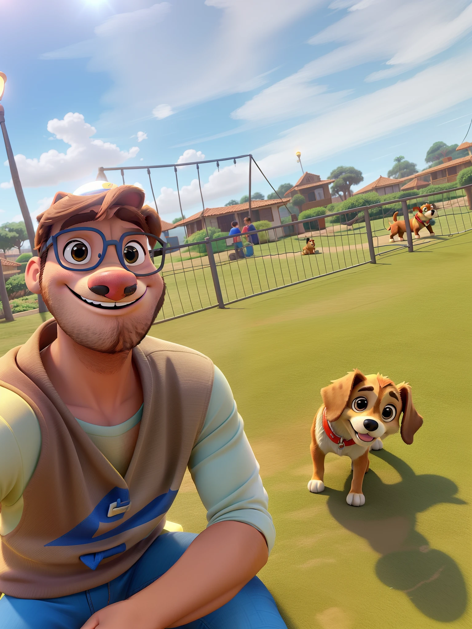 Um homem, e um cachorro no estilo Disney pixar, alta qualidade, melhor qualidade, lugar bonito com sol iluminado cachorro bem feliz