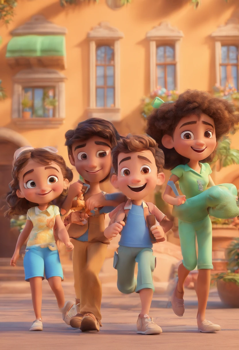 Cartoon of friends having fun on vacation together,  3D Animation Movie Poster, Poster de filme animado, pixar 3 d animation style, pixar renderman rendering, maia 8 mil, animated film, Disney Pixar Estilo 3D, amigos felizes saem juntos, all wearing light blue shirts and cream brown long pants, camisa azul clara, cream brown pants, ao ar livre, vacation, Disney Pixar Animation Poster