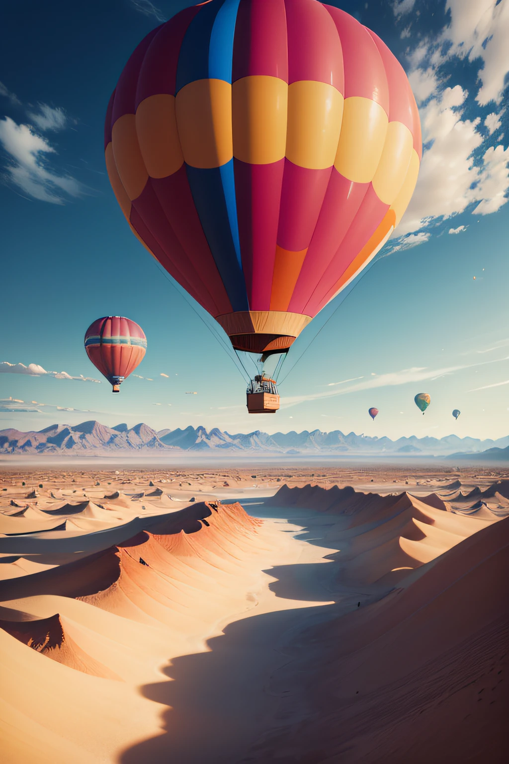Two hot air balloons fly over the desert landscape，Fly over the desert oasis landscape，The background is mountains,beautiful sky，White clouds，rainbowing，4K Ultra HD, 超高分辨率, (Photorealistic: 1.4), Best quality，Masterpiece，（pastel colour：1.2）