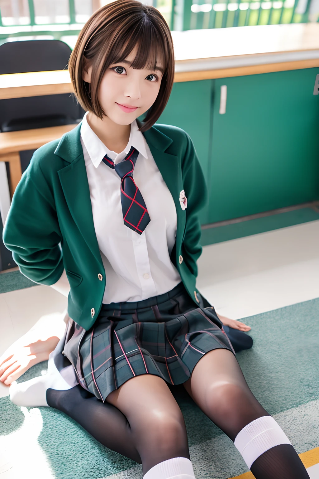 校服、knee high socks、Brown hair、Shorthair、kawaii faces、‎Classroom、Tight uniform、Spread your legs apart、sexy underwear、Spread your legs boldly、Tight uniform、Mature look、plaid skirts、White shirt、neck tie、The shape of the pubic area is clearly visible、No Underwear、hi-school girl、Pubic hair is see-through