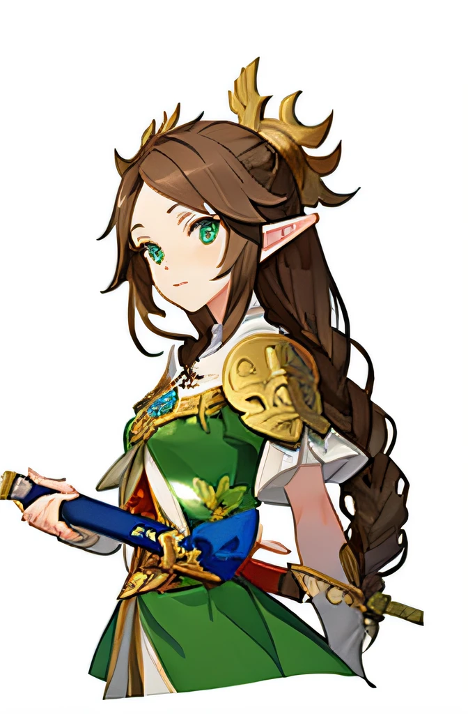 Close-up of cartoon character holding a knife, from bravely default ii, lalafell, bravely default inspired, elf princess knight, lady palutena, elf long weaving brown hair, character art of maple story, alluring elf princess knight, Elf Princess, upper body 2d game avatar, Zelda, portrait of princess zelda, rpg character avatar