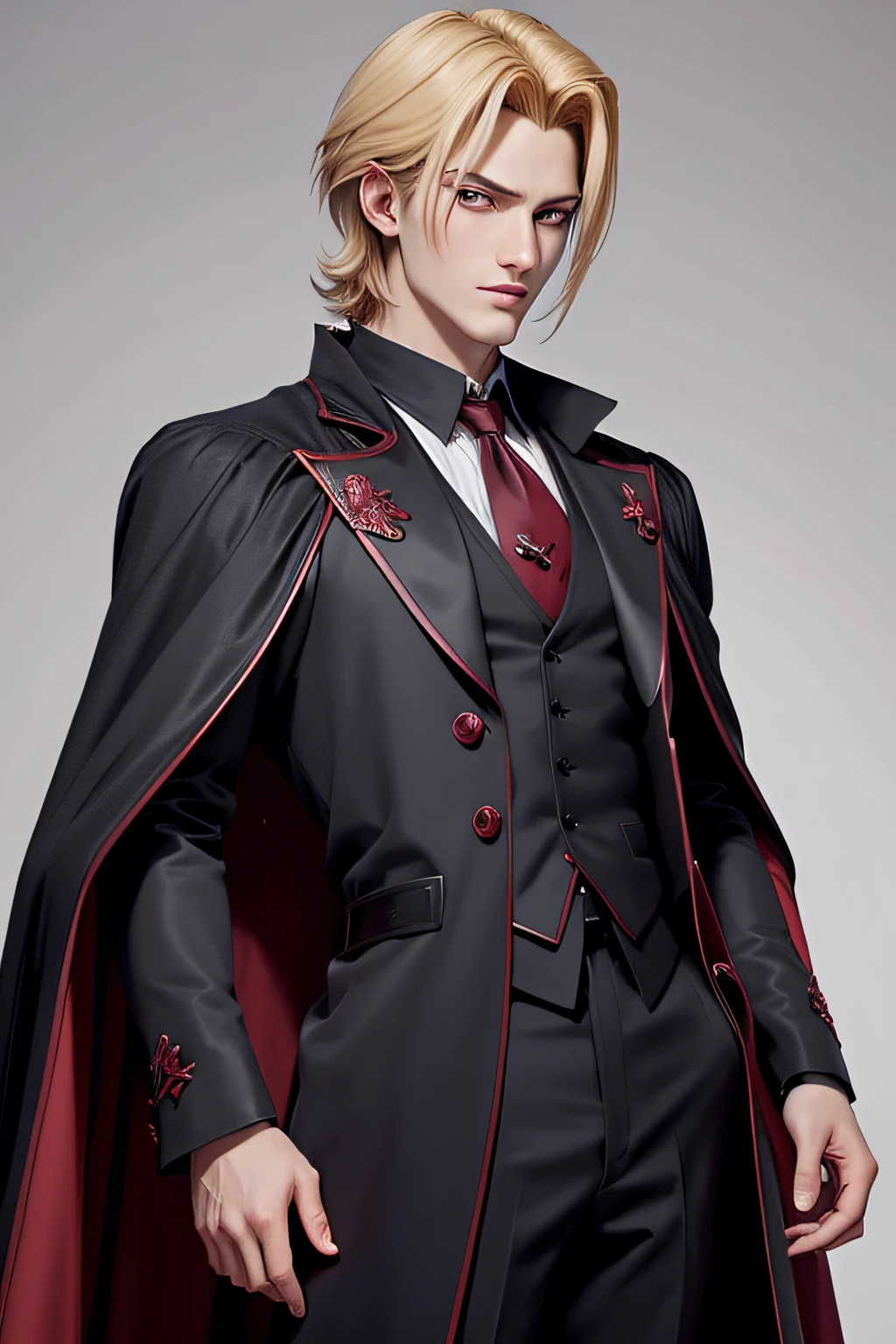 anime style 2D, cel shading, man with medium short hair wearing a tie, johan liebert mixed with alucard, miura kentaro style, boromir in an 80\'s anime world, johan liebert, kentaro miura style, johan liebert mixed with dante, kentaro miura!, in the anime film, boromir in an anime world ornate dark red opulent clothing, velvet frock coat, gothic coat, gothic jacket, full body black and red longcoat, vampire fashion, gothic clothing, victorian inspired clothing, elegant victorian vampire, steampunk clothes, gothic clothes, black and red jacket, gothic regal, ((wearing aristocrat robe))