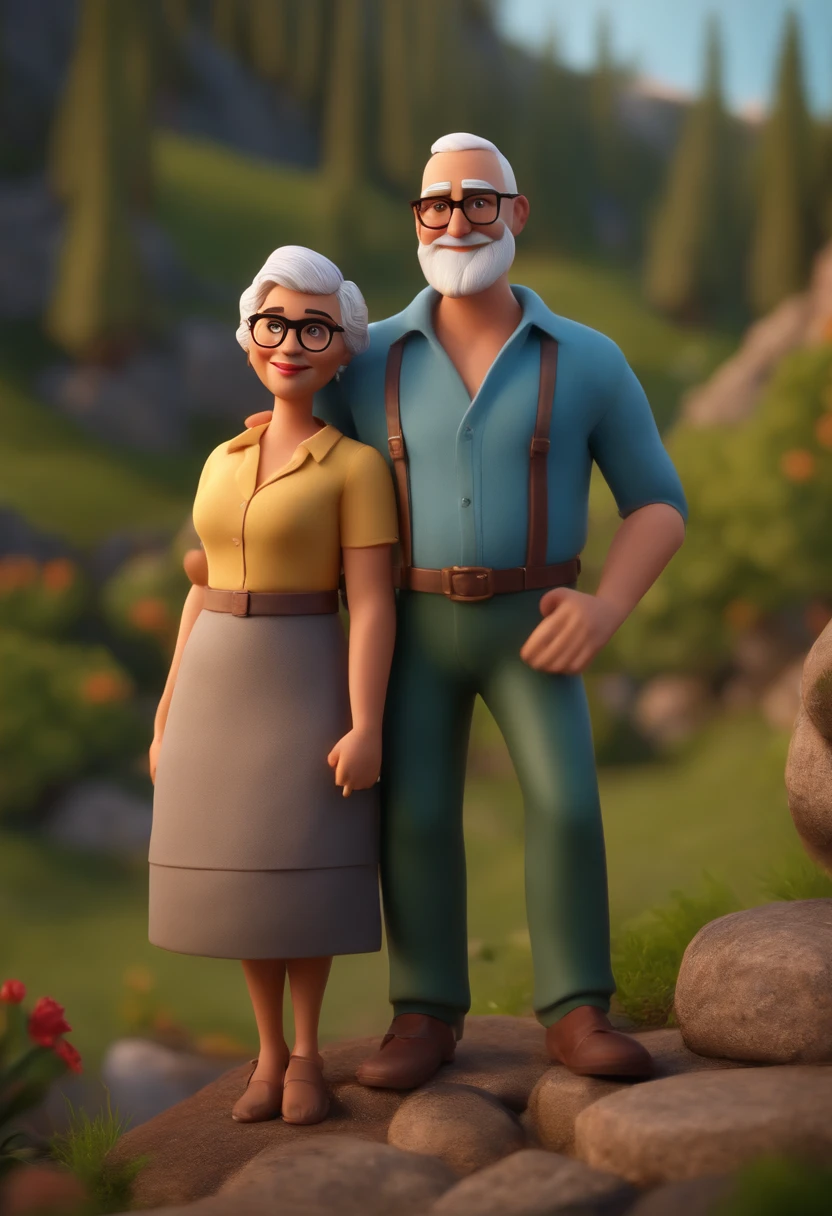 Lovely couple, Where the man holds the woman in his arms, Man wears glasses, tem pele branca, his head shaved and he wears a beard without a moustache, a mulher tem pele branca, short gray hair and is barefoot. The landscape behind them is a green field with a few flower pots and large trees. Caractere estilizado, animation style rendering, 3D estilizado, Arnold Maya render, 3 d render stylized, toon render keyshot, Personagem 3D, Personagem 3D, 3d rendering stylized, 3 d character render, personagem de desenho animado, Personagem de close up, Pose de personagem, (Estilo Pixar) (master part:1.2) (Bokeh) (best quality) (pele detalhada) (textura detalhada) (8k) (argila) (Cinematic lighting) (foco nítido