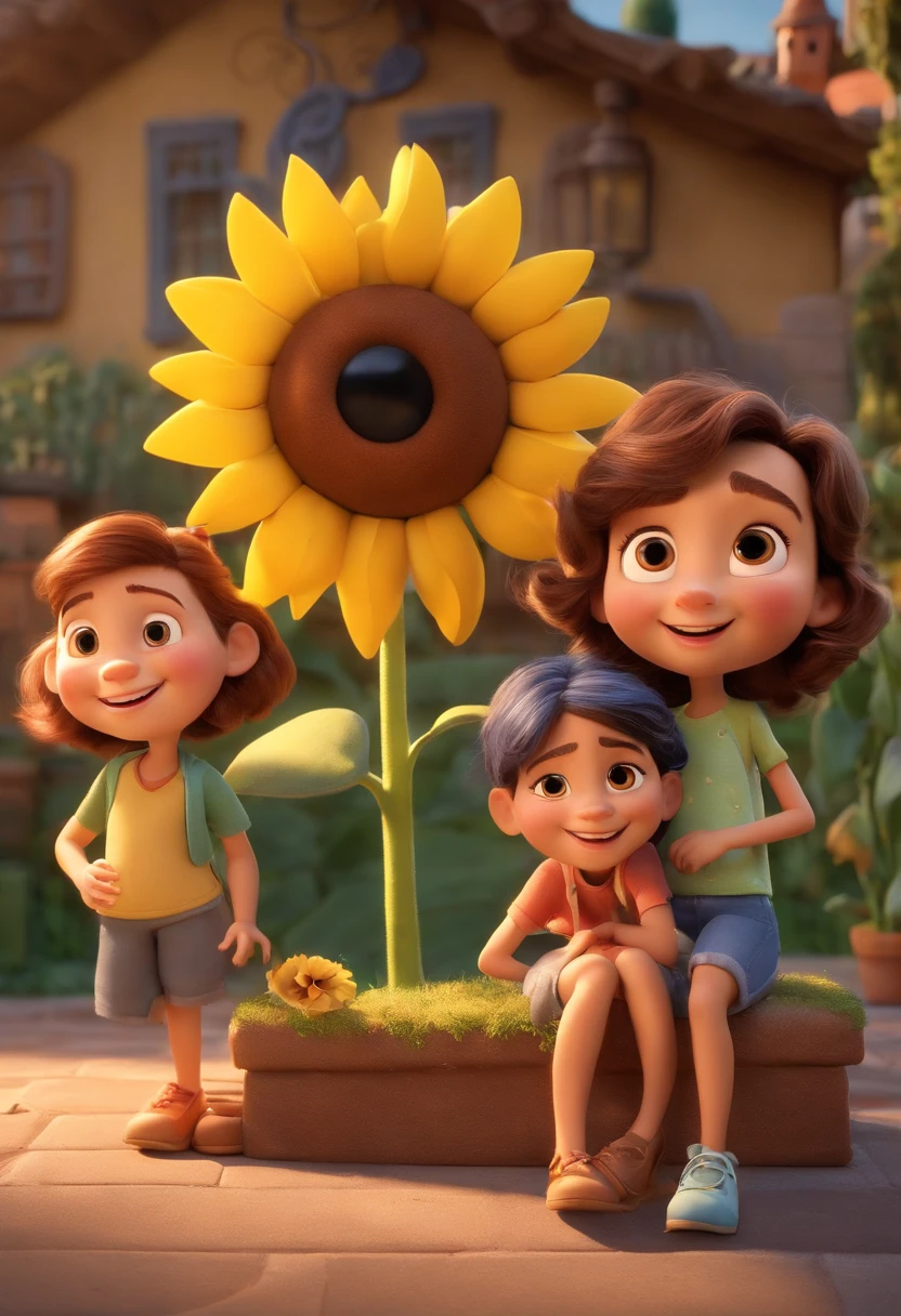 Create a Disney PIXAR-style 3D poster. ((centro da imagem, Triplets)), ((3 children)) ((1 menino no meio e 2 meninas ao lado, They're hugging each other, O menino tem pele castanha e cabelos castanhos escuros e olhos castanhos escuros, 1 menina tem pele clara, olhos e cabelos escuros e cacheados, e a outra menina tem pele morena, olhos escuros e cabelos escuros e lisos)) ((tudo isso no estilo Disney PIXAR 3D, In the background, A house of sunflowers, Gloria Studio, The garden is full of nature 3D render RTX clay material, estilo de design cartunesco, POP Mart, soft lighting, linhas suaves, Spring tilt, Detailed illustrations of PIXAR 3D, Detalhes hiper-realistas, cor quente no estilo Disney PIXAR 3D))