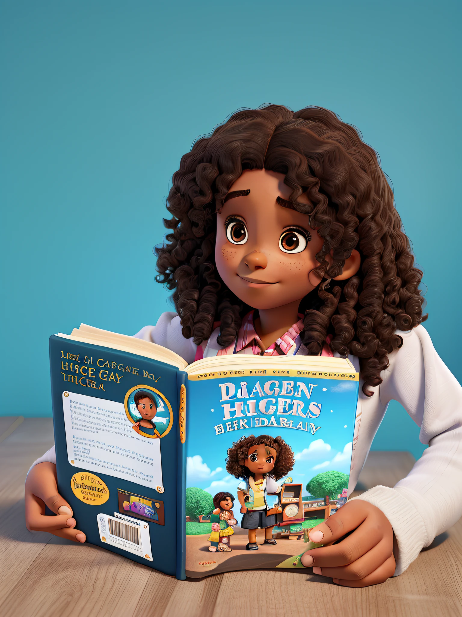 A with brown curly hair and dark skin stands with a book in her hands against the background of a Disney Pixar style children's library, high quality, best quality,