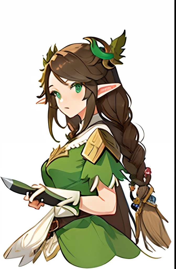 Close-up of cartoon character holding a knife, from bravely default ii, lalafell, bravely default inspired, elf princess knight, lady palutena, elf long weaving brown hair, character art of maple story, alluring elf princess knight, Elf Princess, upper body 2d game avatar, Zelda, portrait of princess zelda, rpg character avatar