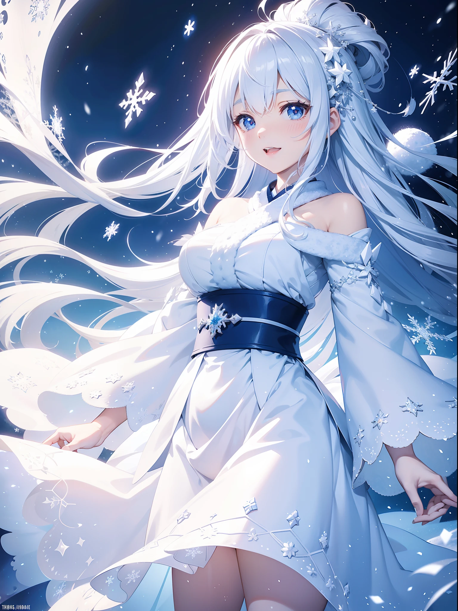 1 snow fairy , (standing on big snowflake ), close to viewer, character focus,cinematic angle, laugh, many snowflakes is falling, white Japanese clothing, ((masterpiece)), ((best quality)), ((ultra-detailed)), (illustration), ((an extremely delicate and beautiful))