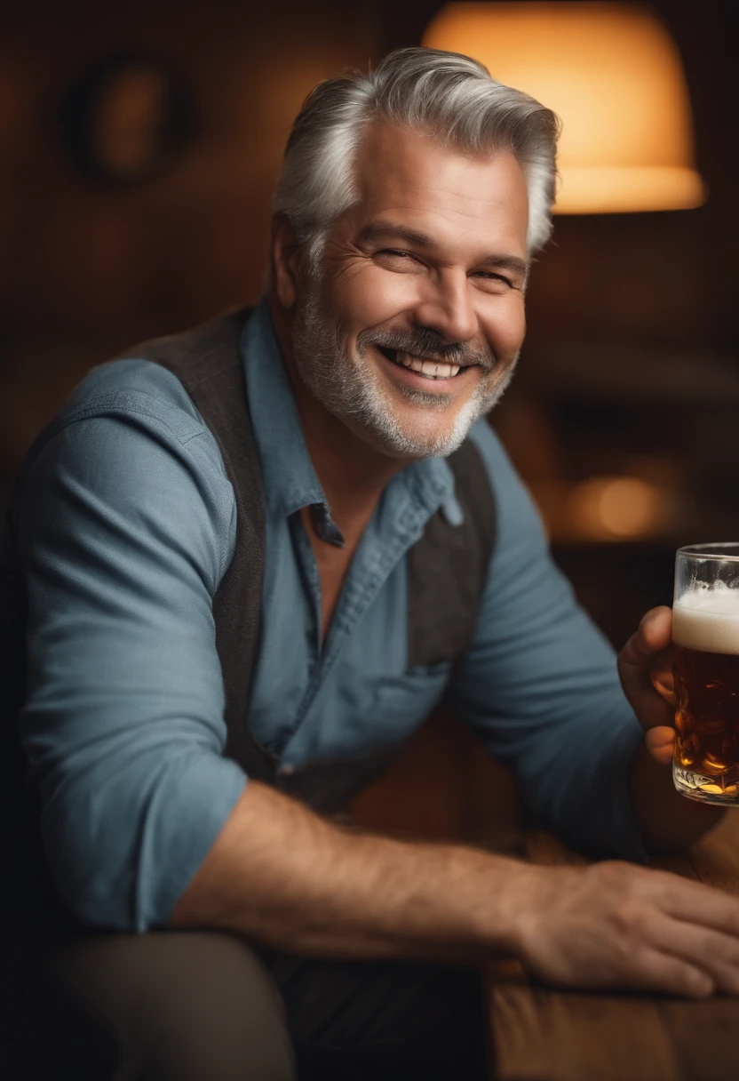 Fat man without beard gray hair with a mug of beer without glasses smiling