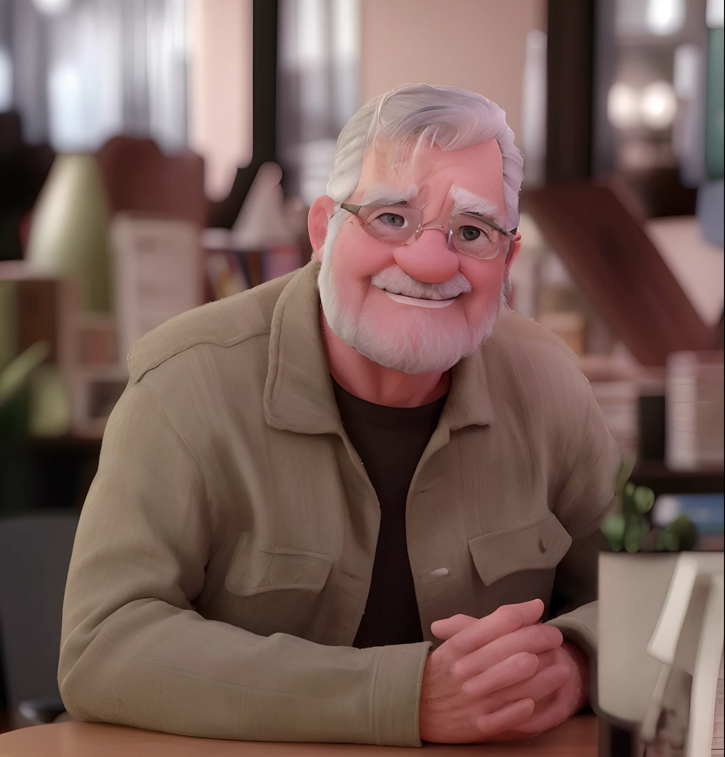 velho, inspirado na Disney Pixar, Inspirado pelo pastor ( Rubens Janeiro ) A gray-haired man wearing glasses in an office with a book on the table looking to the serious future, old man, cabelos grisalhos, um terno
