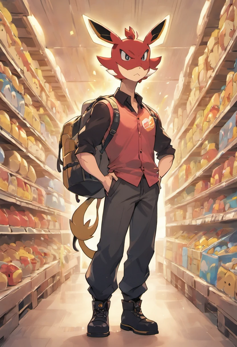 Uma cena de coragem, com um homem de 30 anos, 1,83 cm, barba pequena, cabelos e barba preta,  usando camisa preta, pants and boots and a backpack on the back, como se estivesse indo para uma jornada pokemon, next to him a standing Scizor, Also with an encouraged face, ao fundo a cidade de Pallet do pokemon