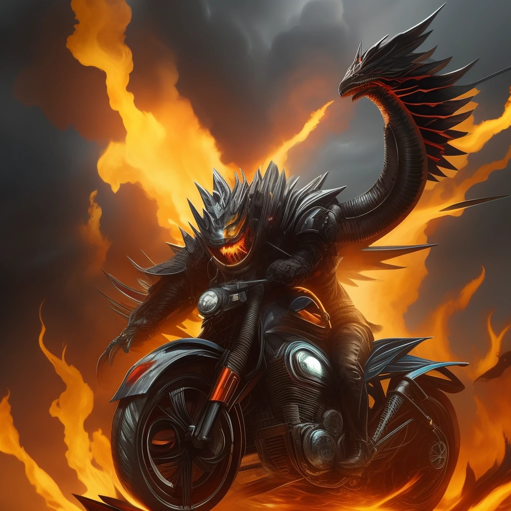 A creature Faster than a bullet, com um Grito aterrorizante, with an enraged and angry expression, Half human and half machine, Riding a Metal Monster That Breathes Smoke and Fire, made of boiling chrome metal Brighter than a thousand suns, with wings of steel and deadly wheels, Flying high through boiling clouds of thunder --auto --s2