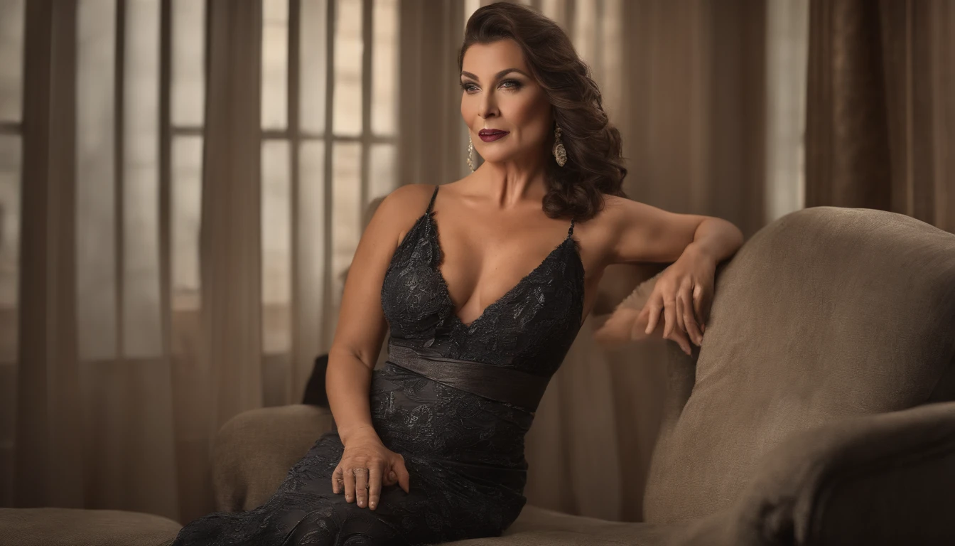 Elegant woman over 55, sexy outfit with full breasts and thick thighs