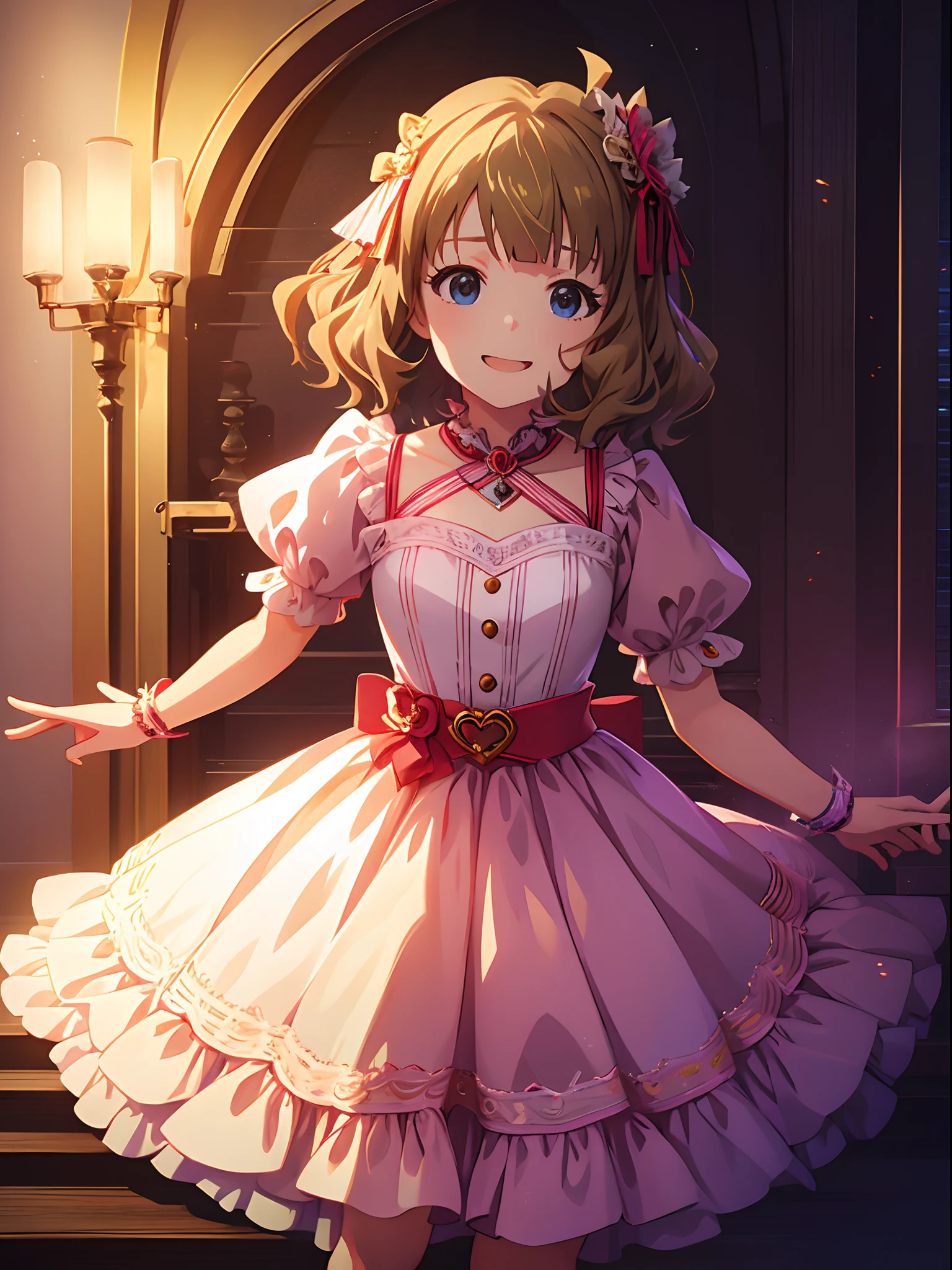 momoko suou (million live), 1 girl, Solo, Cute Girl,Best Quality, Ultra-detailed, 8K, High resolution, detailed face, light smile, dress, retro dress, belted dress, '70,