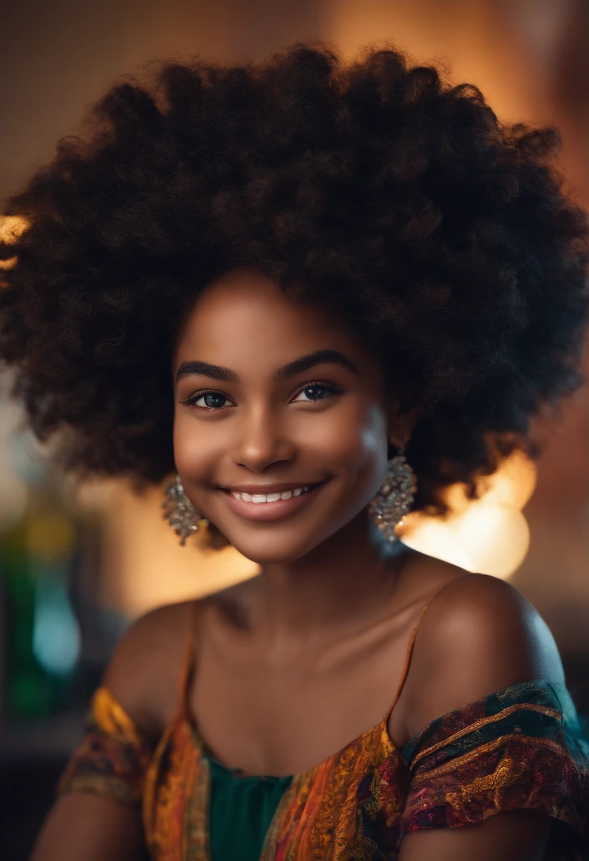 Menina com sorriso bonito, cabelos pretos longos, estilo pixar