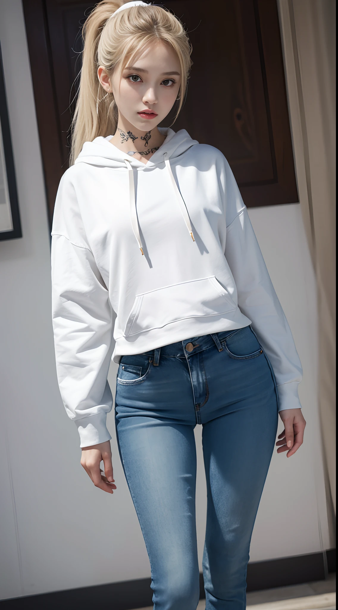 Masterpiece, Best quality, 1girll,stand posture,anatomy correct,White hoodie,skintight jeans,Tattooed with,Long ponytail hair,Accurate and delicate face,Accurate and perfect legs,Slender and slender figure,Skinny,Skinny,Smaller bust,White sneakers