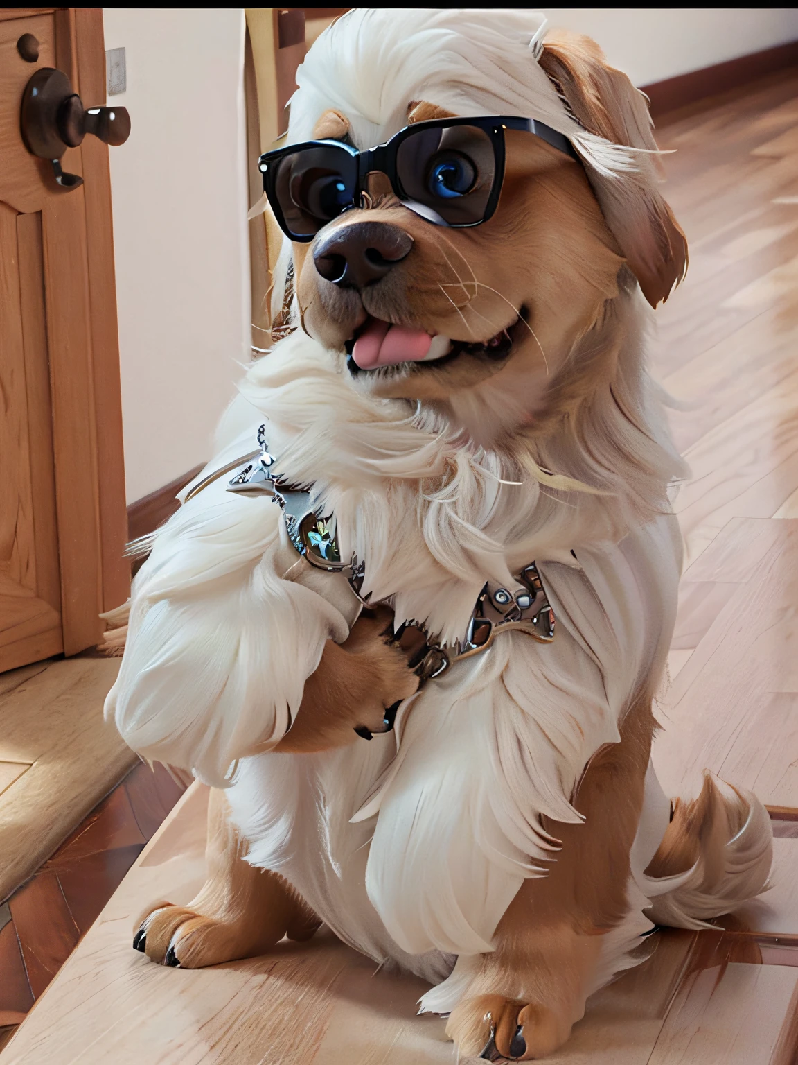 Adorable cute dog in Pixar style, estilo Disney, usando oculos e com a lingua para fora, pixar animation, design de personagens, renderman, cozy lighting