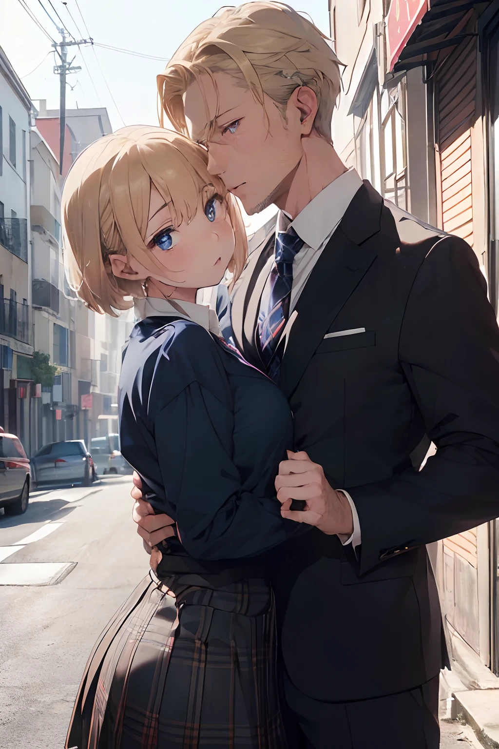 (Background: Midnight residential area),(((masterpiece))), (high quality, very-high-resolution, pale tone), (nsfw,ntr:1.1), ((1girl), (chestnut middle hair), ((brown eyes)), 19yo, (White collared shirt, Blue tie, royal blue tartan plaid skirt), (estrus eyes,her heart stealed to him), (dreamy,melty face,emphasis of facial expression:1.3), BREAK, ((another 1mature handsome male,39yo:1.3), blond ultra very short-hair, detailed indigo eyes, 35yo, in black suit), hug her waist,kiss,and whisper "i love you".