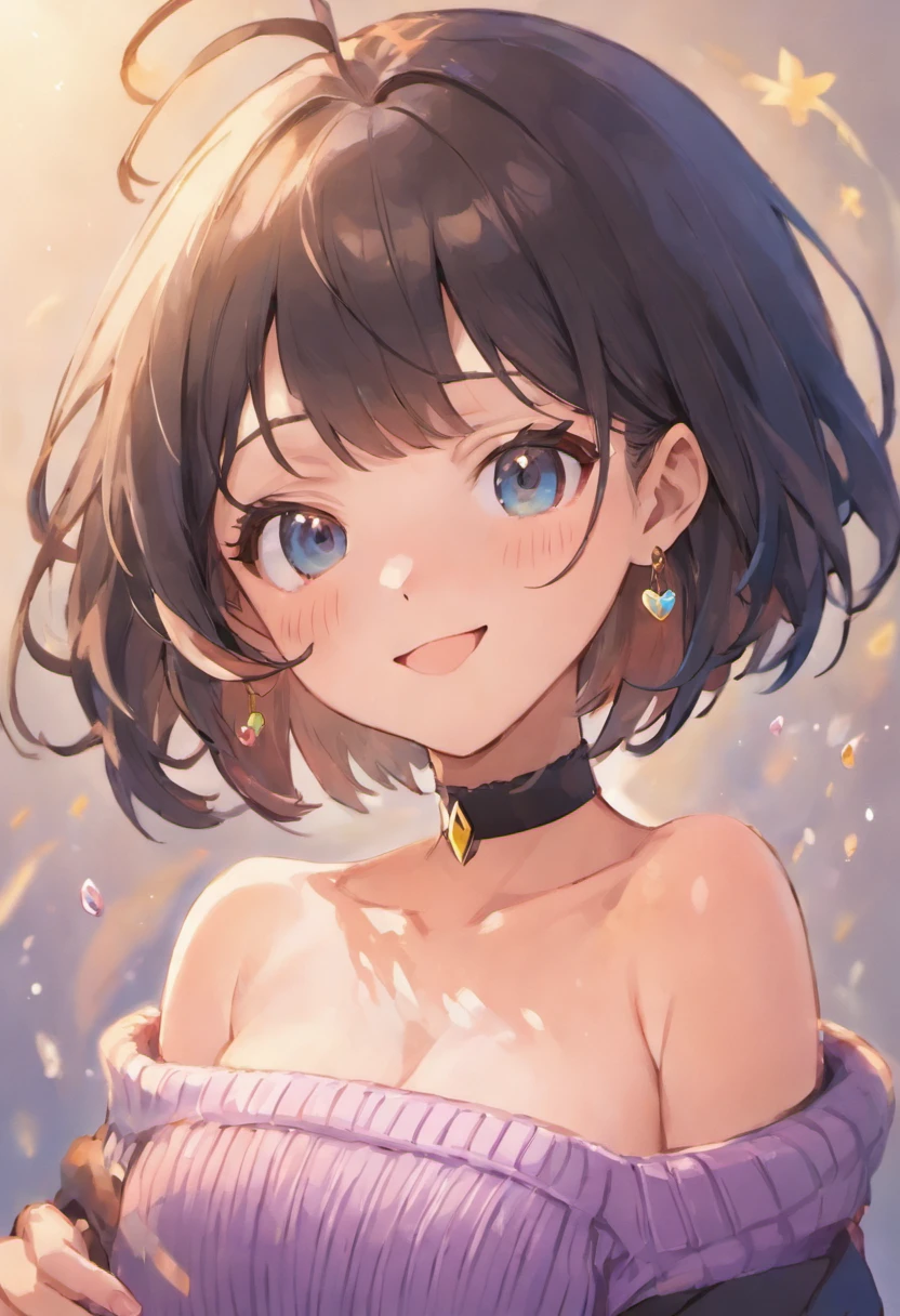 of the highest quality, masutepiece, Ultra High Resolution, Photorealistic, 1 girl, off shoulders, knit, Smile, Smile, slightly visible, Oversized_Sweaters, Soft lighting, Detailed skin, Bangs, Black hair, Clear eyes, Short bob hair, Transparency, Japan, Korean, Beautiful woman, Upper Eyes, Lip gloss, Black Chic Choker, Teardrops, Mole on the chest, Highlights in the eyes
