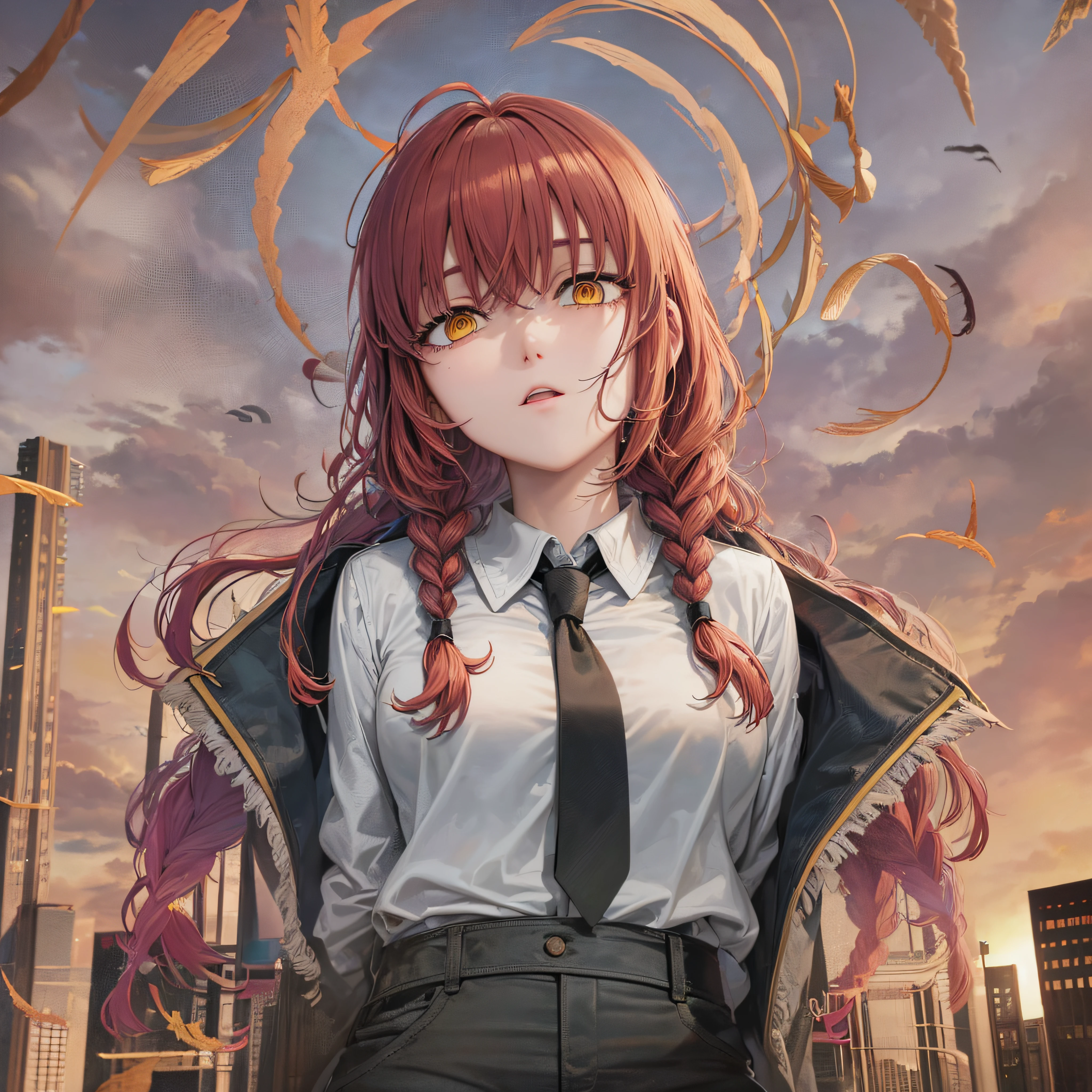 Makima、hight resolution, best pictures,, super precision、[3D images:1.35]、High quality anime、red hairs、yellow  eyes、beautiful dusk、the setting sun、Black jacket、white  shirt、Black business tie、the wind、Black pants、Braids、