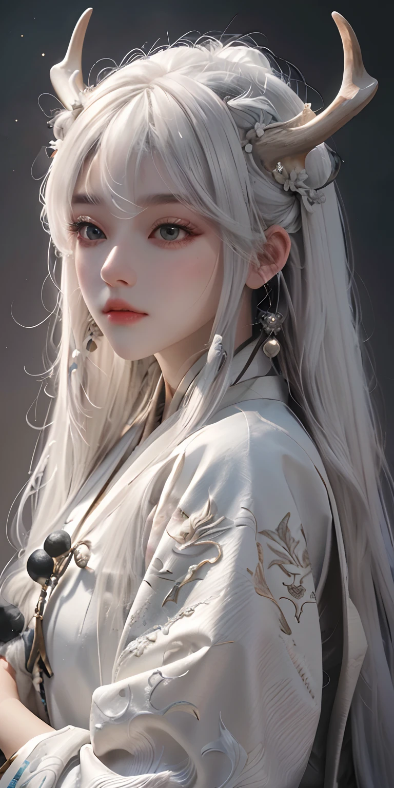 ultra-detailed, high res, masterpiece, beautiful girl, white hair, long hair, straight hair, flat face, grey eyes, white deer, deer horns, moon, white hanfu