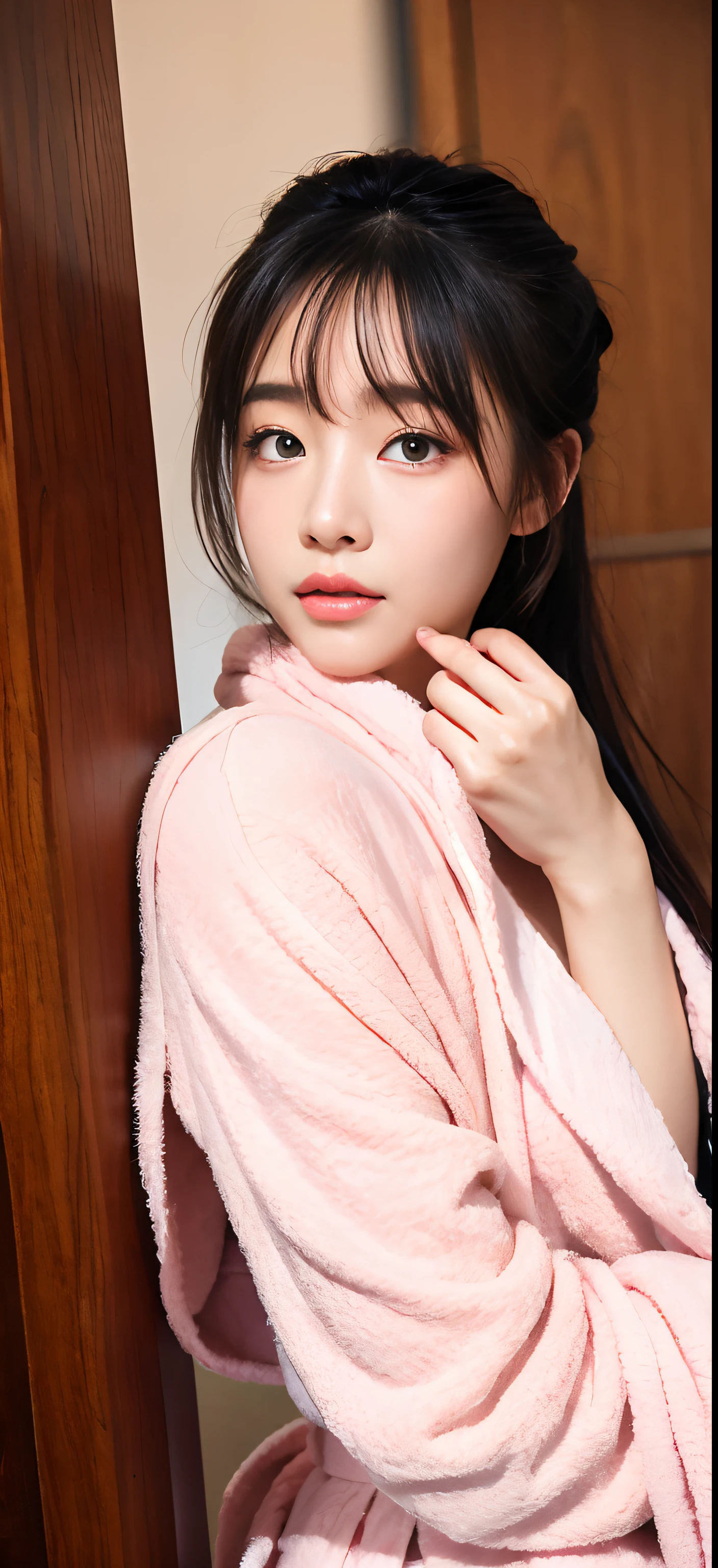(((top quality, 8k, masterpiece: 1.3)), women (full body portrait, wearing a cloak with hood, smile, inside_sauna: 1.6), inside the sauna room, overhead camera, sharp focus: 1.2, cute women: 1.4, (((long hair, black hair)), very detailed face and skin and hair texture, detailed eyes, double eyelids, white skin, beautiful legs, beautiful delicate nose, Wet hair, wet body, cute young Japan woman, 26 years old, wearing a bath towel over her head, at a dynamic angle, exudes happy emotions characterized by a soothing tone and contrasting mix of light and shadow, while emphasizing the subject's hair, eyes, mouth and action, while making the composition pleasing to the eye and suggestive.