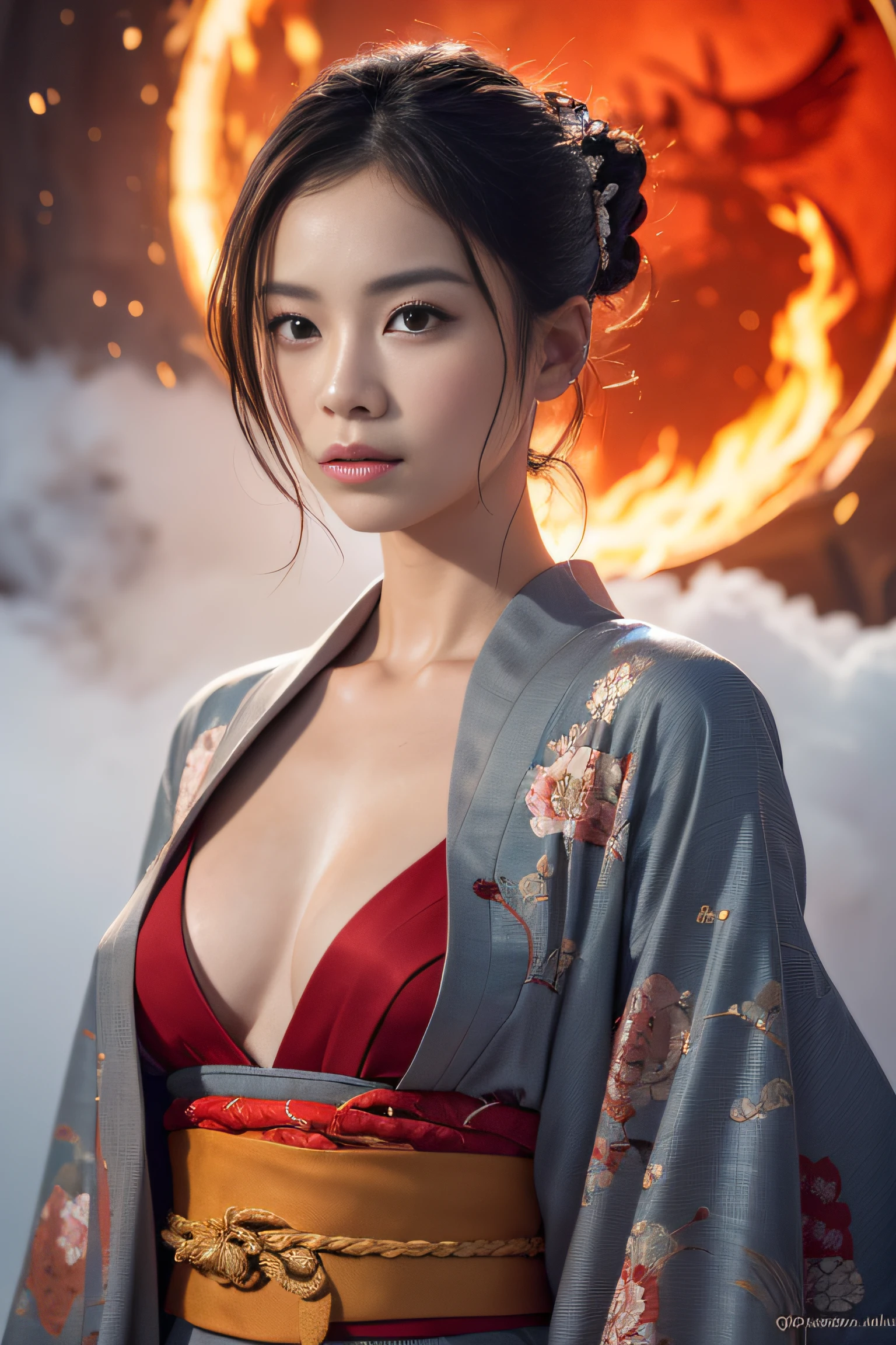(masterpiece:1.2), ultra detailed, ultra high res, (realistic, photo realistic:1.37), high detail RAW color photo, professional photograph, an extremely delicate and beautiful, extremely detailed, 8k wallpaper, Amazing, finely detail, huge file size, extremely detailed beautiful girl, extremely detailed face, extremely detailed eyes, extremely detailed skin, extremely detailed fingers, highly detailed nose, highly detail mouth, Perfect Anatomy, Highly detailed background, (a famous actress of Japan:1.2), (gals:1.5), (flat chest:1.5), brown race, dark skin, reflection, wearing an elegant traditional kimono flower embroidery, (intricate detailed on kimono), epic background, (weapons, fire, glitter:1.2), (red moon:1.2), (fog:1.5), (ghost:1.2), (red fire:1.2), fantasy,