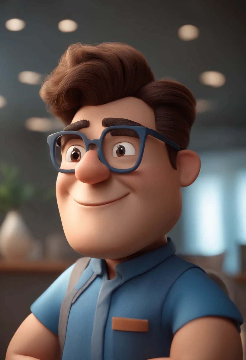 Cartoon character of a young man wearing round gray glasses and a blue shirt, de cabelo curto e castanho, um personagem animado, Caractere estilizado, animation style rendering, 3D estilizado, Arnold Maya render, 3 d render stylized, toon render keyshot, Personagem 3D, Personagem 3D, 3d rendering stylized, 3 d character render, personagem de desenho animado, Personagem de close up, Pose de personagem, (Estilo Pixar) (master part:1.2) (Bokeh) (best quality) (pele detalhada) (textura detalhada) (8k) (argila) (Cinematic lighting) (foco nítido,Sits and empties upper body in a dental office alone