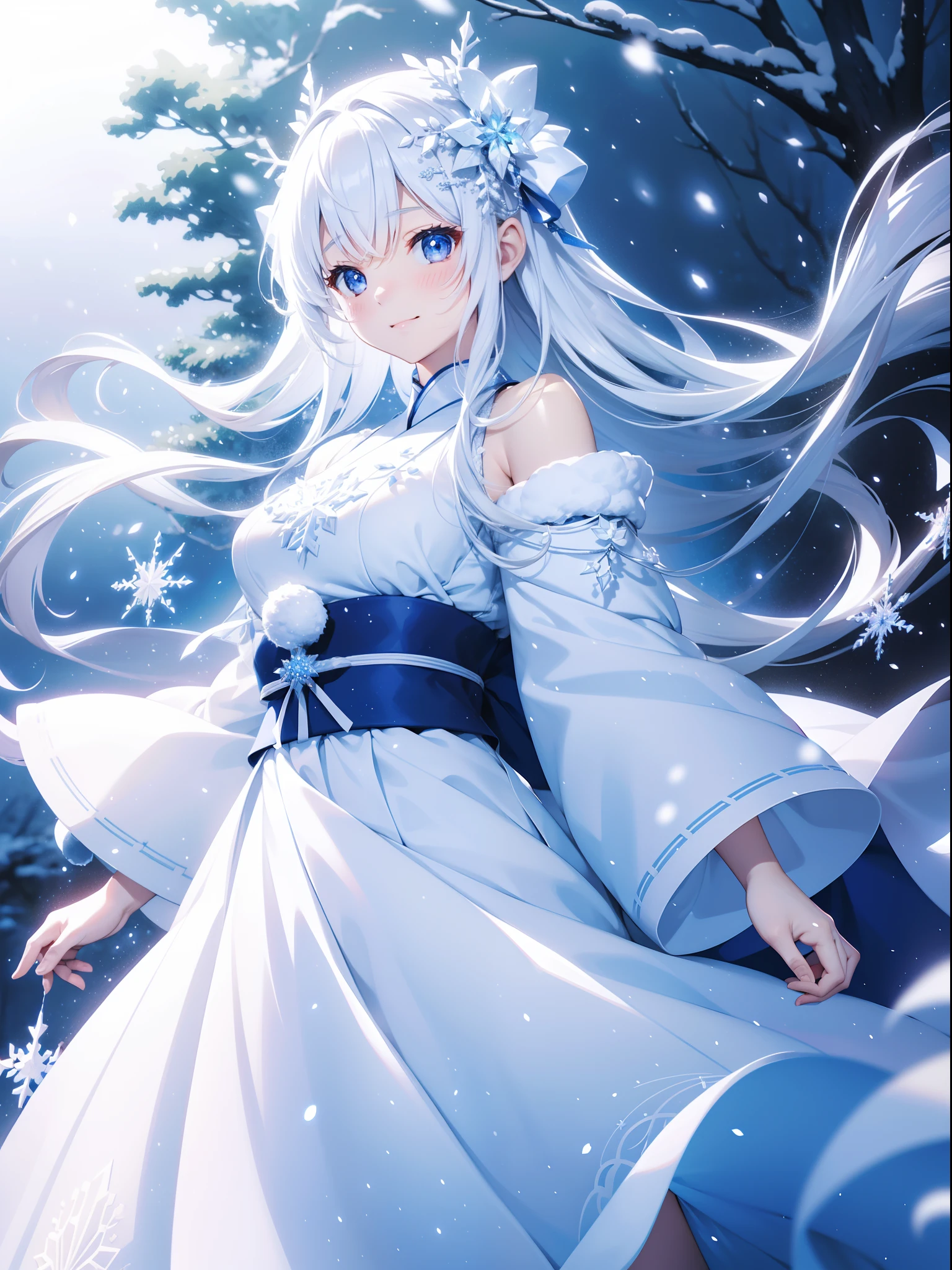 1 snow fairy , (standing on big snowflake ), close to viewer, character focus,cinematic angle, laugh, many snowflakes is falling, white Japanese clothing, ((masterpiece)), ((best quality)), ((ultra-detailed)), (illustration), ((an extremely delicate and beautiful))