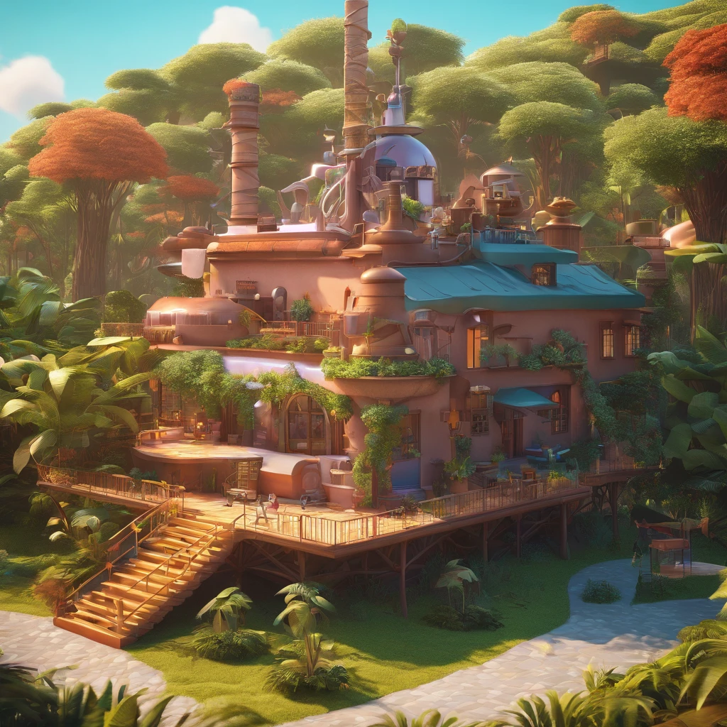 Make a 3D poster in Disney Pixar style. A large, modern chocolate factory like Willy Wonka's, has no smoke, no chimney, front view, with the roof of a house, in the middle of the Amazon jungle, with cocoa trees around, people working