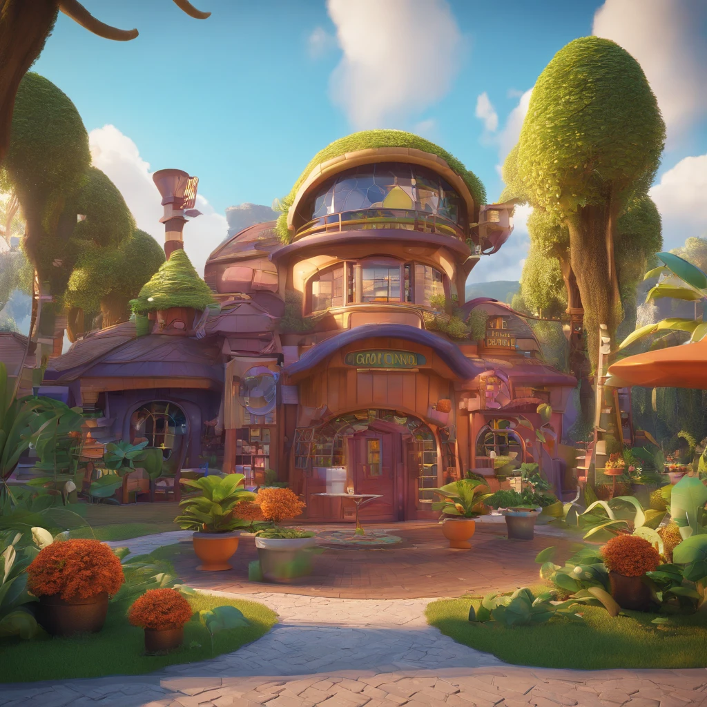 Make a 3D poster in Disney Pixar style. A large, modern chocolate factory like Willy Wonka's, has no smoke, no chimney, front view, with the roof of a house, in the middle of the Amazon jungle, with cocoa trees around, people working