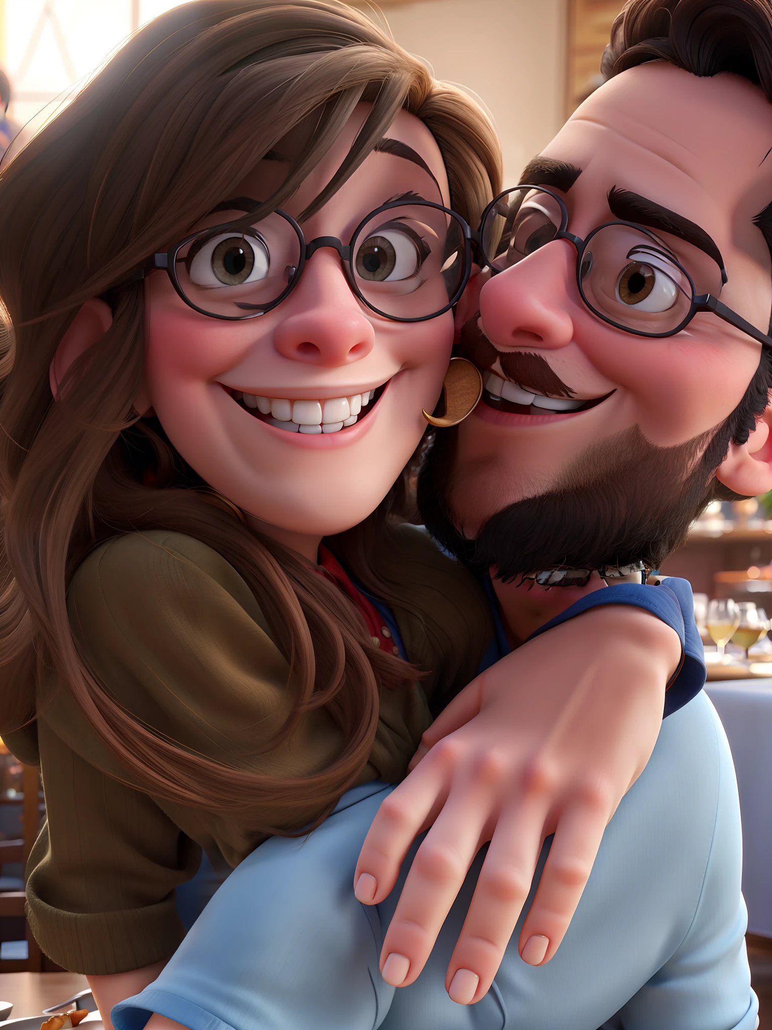 Disney Style Couple With Glasses Smiling In Restaurant.