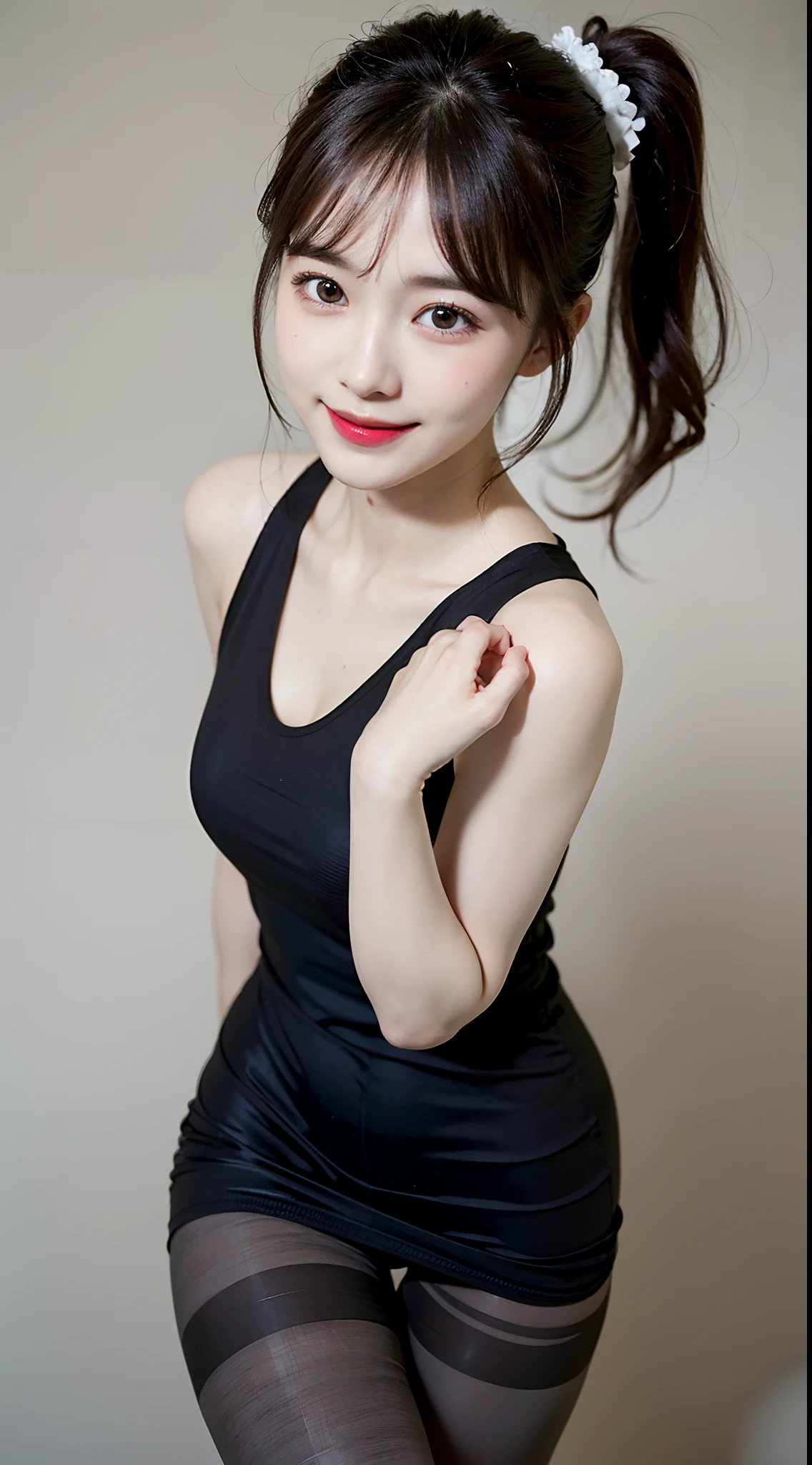 masutepiece, Best Quality, Illustration, Ultra-detailed, finely detail, hight resolution, 8K Wallpapers, Perfect dynamic composition, Beautiful detailed eyes, game_nffsw, Women's Fashion Summer,Ponytail hair,Small breasts natural color lip, Bold sexy poses,Smile,Harajuku、NSFW、20 years girl、Cute、Sexy shot looking at camera、(Ultra-realistic pantyhose:1.5), realistic skin textures、shinny skin、Exposed thighs!!!