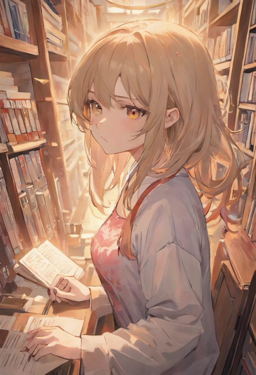 (tmasterpiece),(best qualtiy),(highly detailed),(illustratio),(超高分辨率)one-girl,Off-the-shoulder attire,astonishment,tutor,Black color hair,straight long hair,white shirt,Mature woman,20-year-old woman,Large breasts,pink nipples, scowling,Top-down view,Close-up shot,Write homework,inside in room,bookshelves,desks