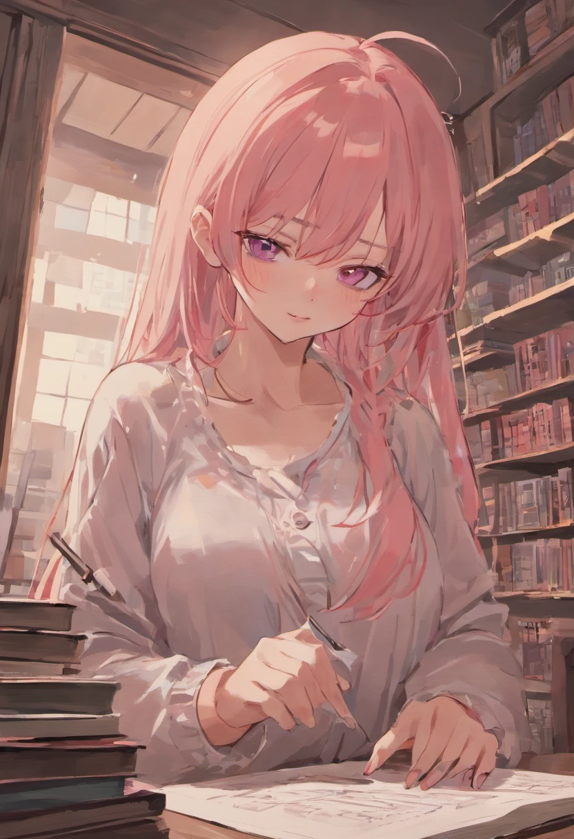 (tmasterpiece),(best qualtiy),(highly detailed),(illustratio),(超高分辨率)one-girl,Off-the-shoulder attire,astonishment,tutor,Black color hair,straight long hair,white shirt,Mature woman,20-year-old woman,Large breasts,pink nipples, scowling,Top-down view,Close-up shot,Write homework,inside in room,bookshelves,desks
