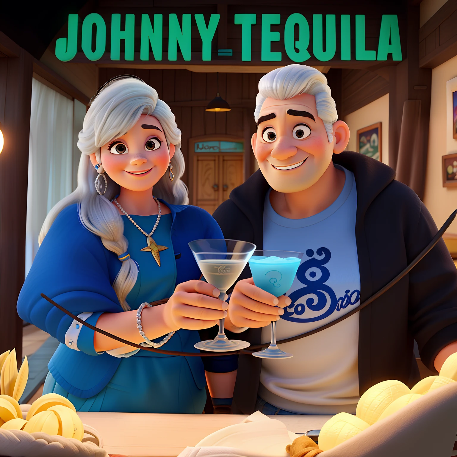 Uma mulher de 55 anos cabelo branco longo, e um homem de 55 anos cabelo branco, em um restaurante mexicano chamado Johnny Tequila, estilo disney pixar, alta qualidade, melhor qualidade