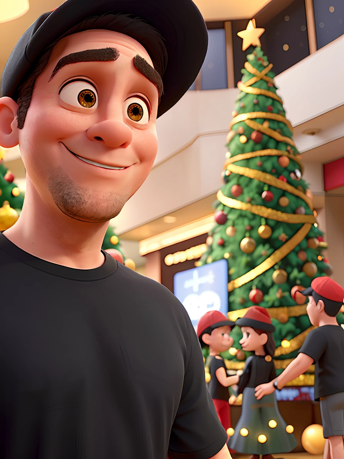 40-year-old man in black shirt and red hat, In a mall with a Christmas tree, estilo Disney pixa Cartoon 3d