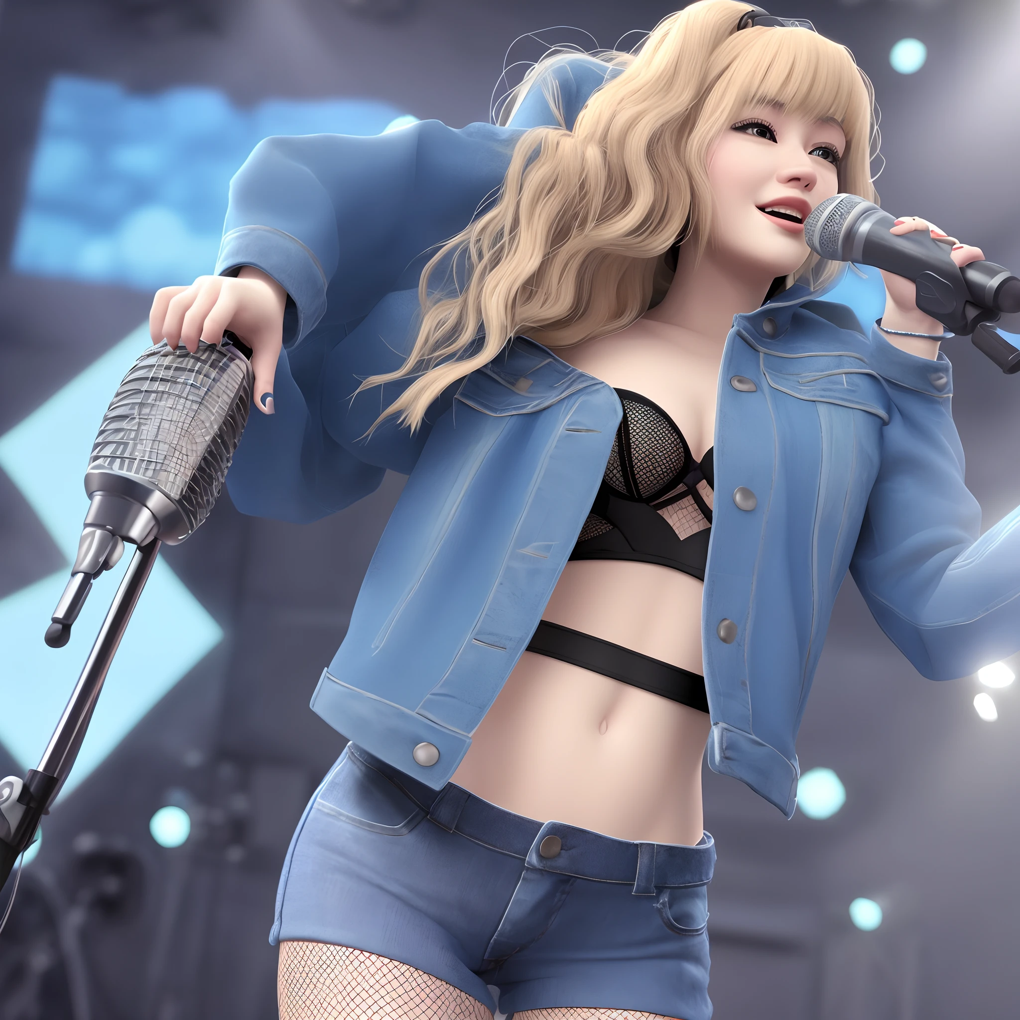 Pixar 3d style image of an artist on stage. She is wearing a blue denim jacket, a blue bustier, and blue fishnet stockings. He is holding a microphone in his right hand and has his left arm raised. The background is dark.