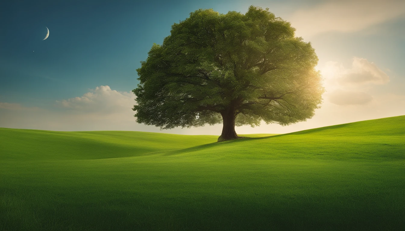 head portrait,cloudless sky,The tree,green grasslands