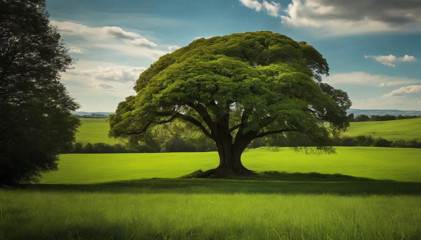 head portrait,cloudless sky,The tree,green grasslands