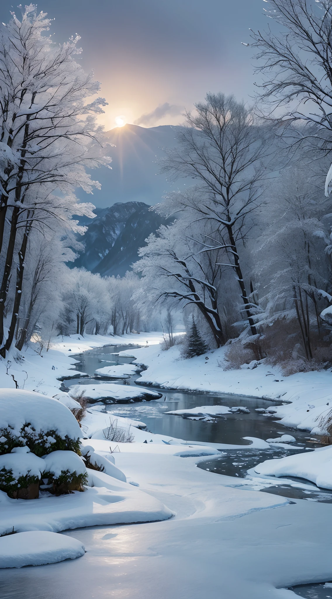 snowy landscape with a river and trees in the middle of it, winter scene fantasy, background artwork, snowy landscape, winter concept art, snowy environment, beautiful snowy landscape, snow landscape, snow landscape background, 4k highly detailed digital art, 8k high quality detailed art, cold snowy, surreal frozen landscape, winter landscape, mystic winter landscape, 4k hd matte digital painting