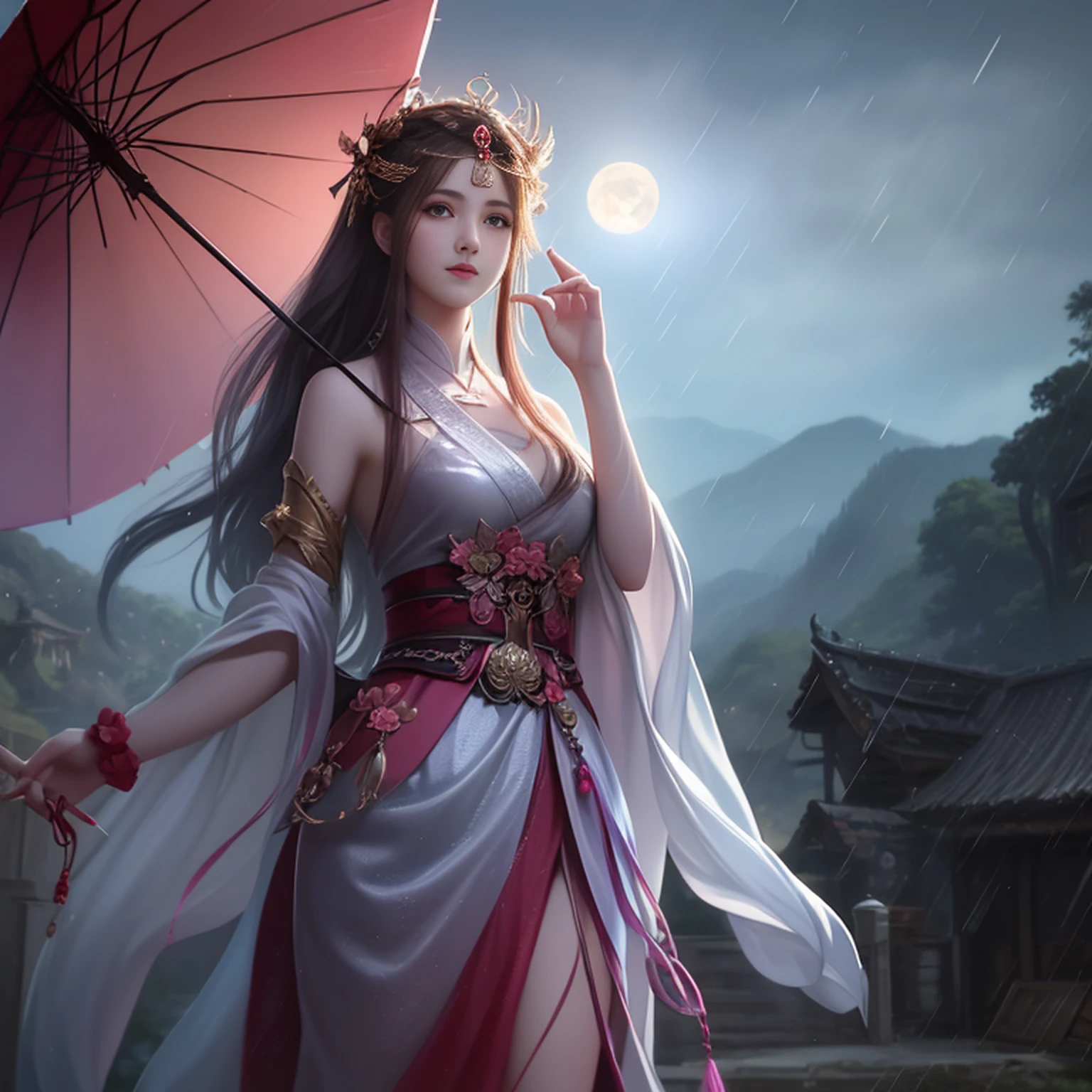 (8k, RAW photo:1.2), best quality, ultra high res, dramatic angle, (fluttered detailed color splashes), (illustration), (((1 girl))), (long hair), (rain: 0.9), (headdress: 1.4), there is an old palace next to the girl, Hanfu, (emphasis), Color ink painting, (splash color), splash color, (((color))), (sketch: 0.8), Masterpiece, best quality, beautiful painted, highly detailed, (denoising: 0.6), [splash ink],  ((ink refraction)), (beautiful sky detailed), moon, highly, detailed, (masterpiece, best quality, extremely detailed) CG 8k wallpaper unit, masterpiece, best quality, super detailed), (garlic),
