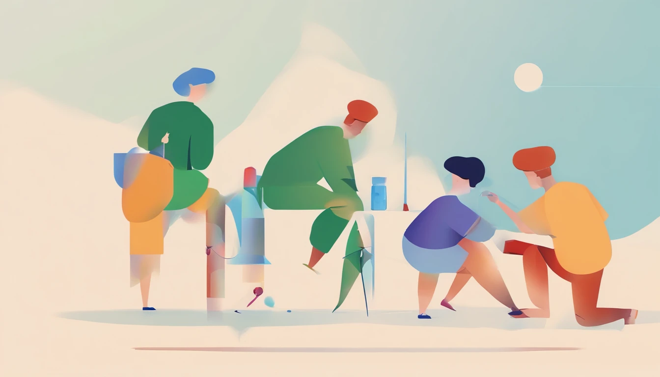 illustration,lots of people,There are many people doing different things,Someone is doing production,Someone is teaching,Someone is doing a science experiment,Someone is playing football,Someone is drawing,Do a lot of different things