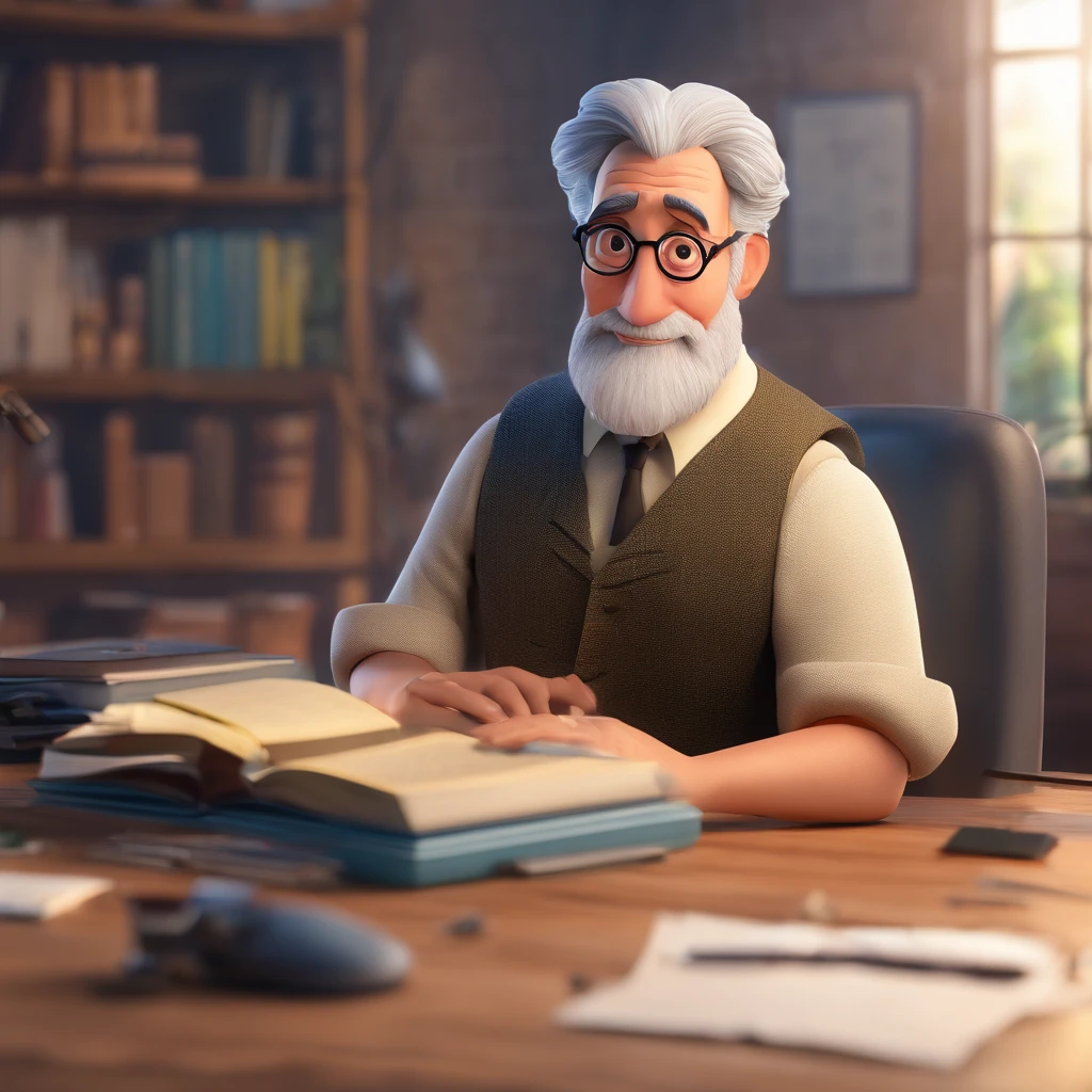 Crie um cartaz inspirado na Disney Pixar com o personagem sendo o pastor Rubens Janier, A gray-haired man wearing glasses, in an office with a Bible on the table, Looking forward and serious
