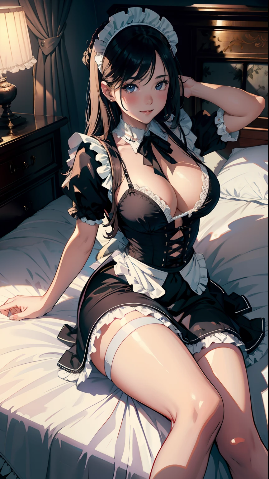 ​masterpiece, top-quality, Detailed details, Detailed landscapes, beatiful lights, Beautiful Shadows,girl with,(large full breasts)、Emphasis on the chest、((lying back)),(laying on back),((Bare legged)),22year old,((innocent smiles)),Black eyes,Slit skirt,(((maid clothes))),((No Underwear)), detailed skin textures, Tyndall effect,mansion,mansion,Bedroom,(Antique bed)